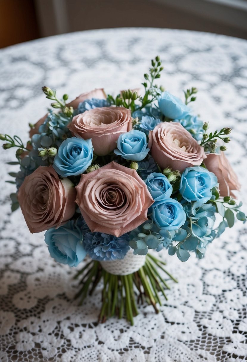 A bouquet of dusty rose and baby blue flowers on a white lace tablecloth