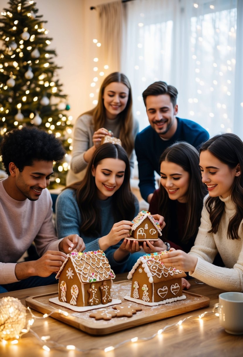 A cozy living room filled with friends decorating gingerbread houses, surrounded by twinkling lights and wintery decorations