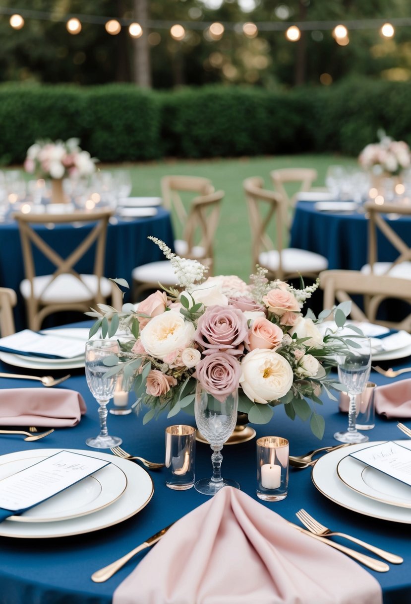 A dusty rose and navy blue wedding table setting with floral centerpieces and elegant place settings