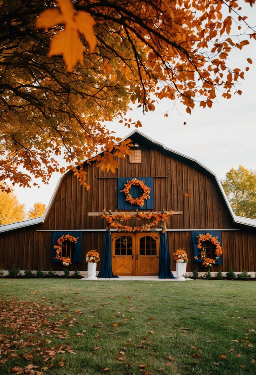 A rustic barn adorned with burnt orange and navy decor for an autumn wedding. A canopy of colorful leaves surrounds the venue