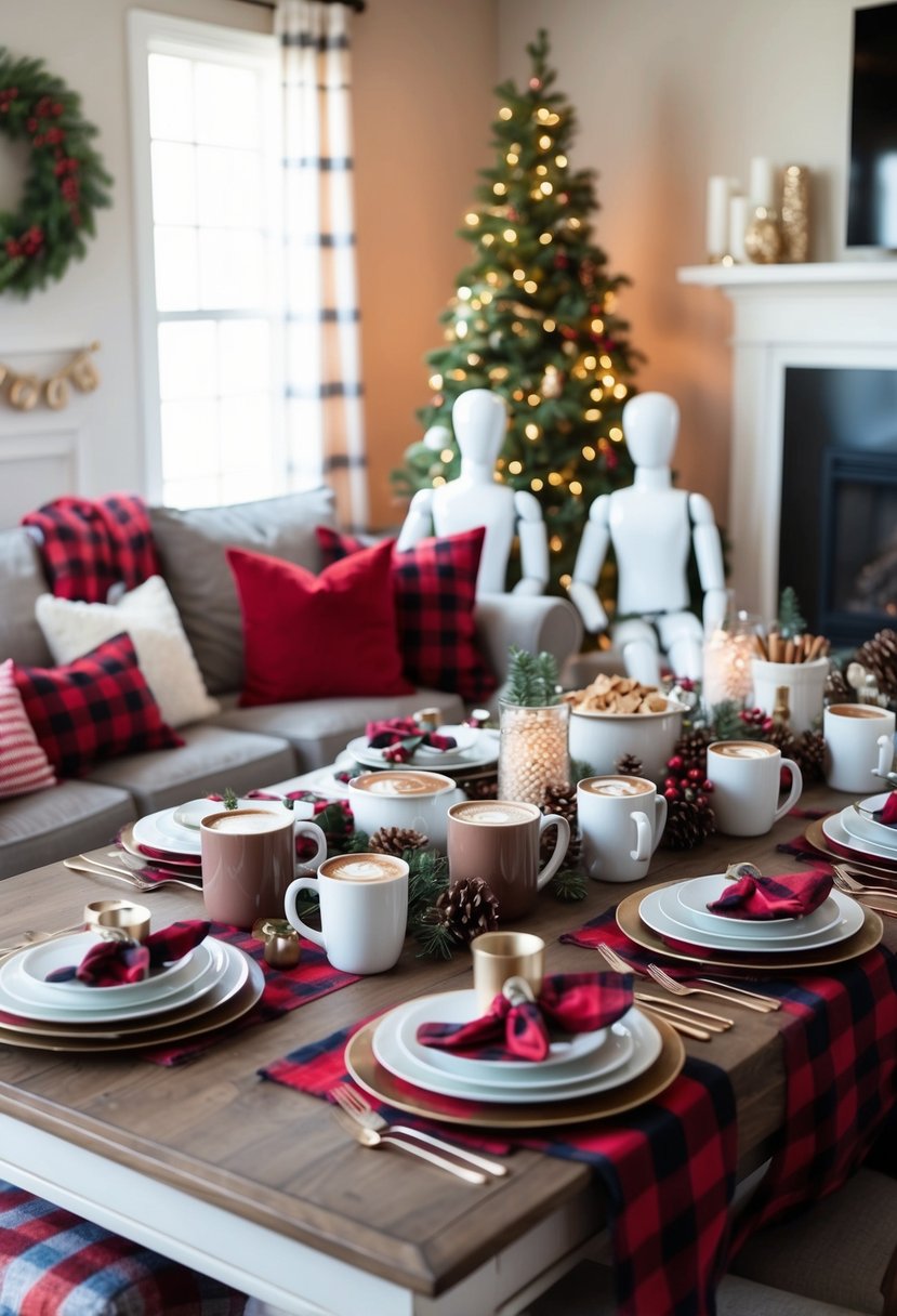 A cozy living room with a table set for brunch, featuring buffalo plaid tablecloths and napkins, mugs of hot cocoa, and pajama-clad mannequins enjoying the festive atmosphere