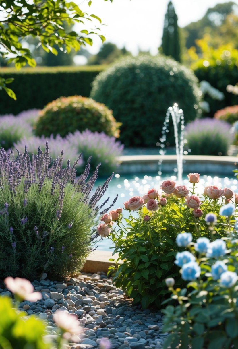 A serene garden with lavender bushes, dusty rose and baby blue flowers, and a flowing fountain