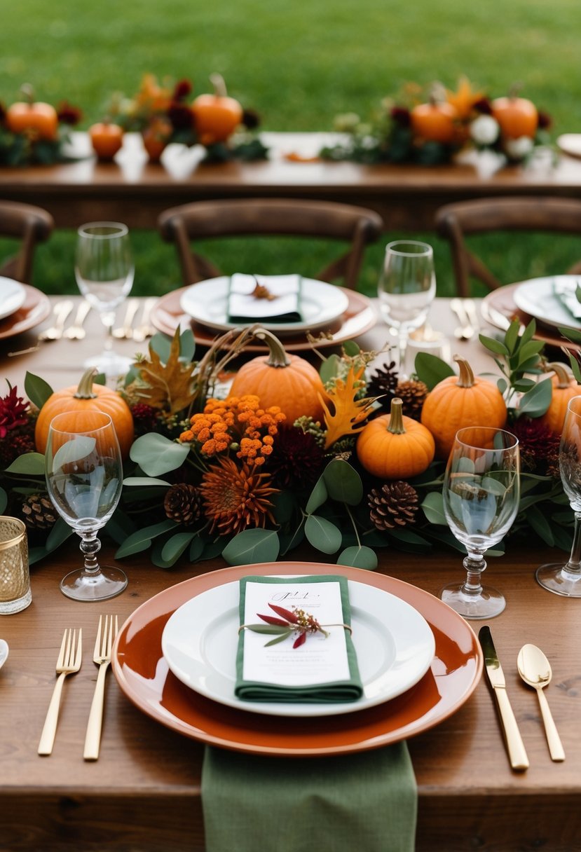 A terracotta and olive green wedding table setting with autumn foliage centerpiece