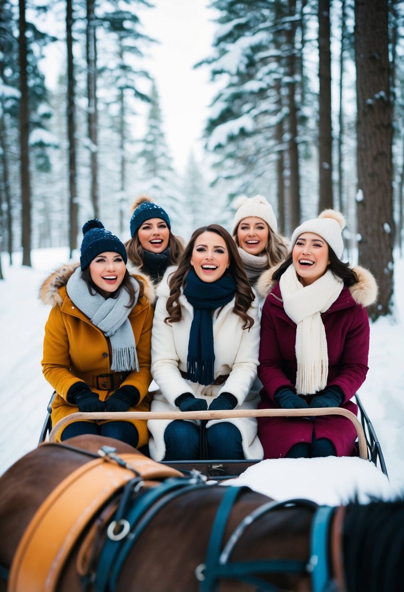 A group of women in winter coats and scarves, riding a horse-drawn sleigh through a snowy forest, laughing and enjoying the winter scenery