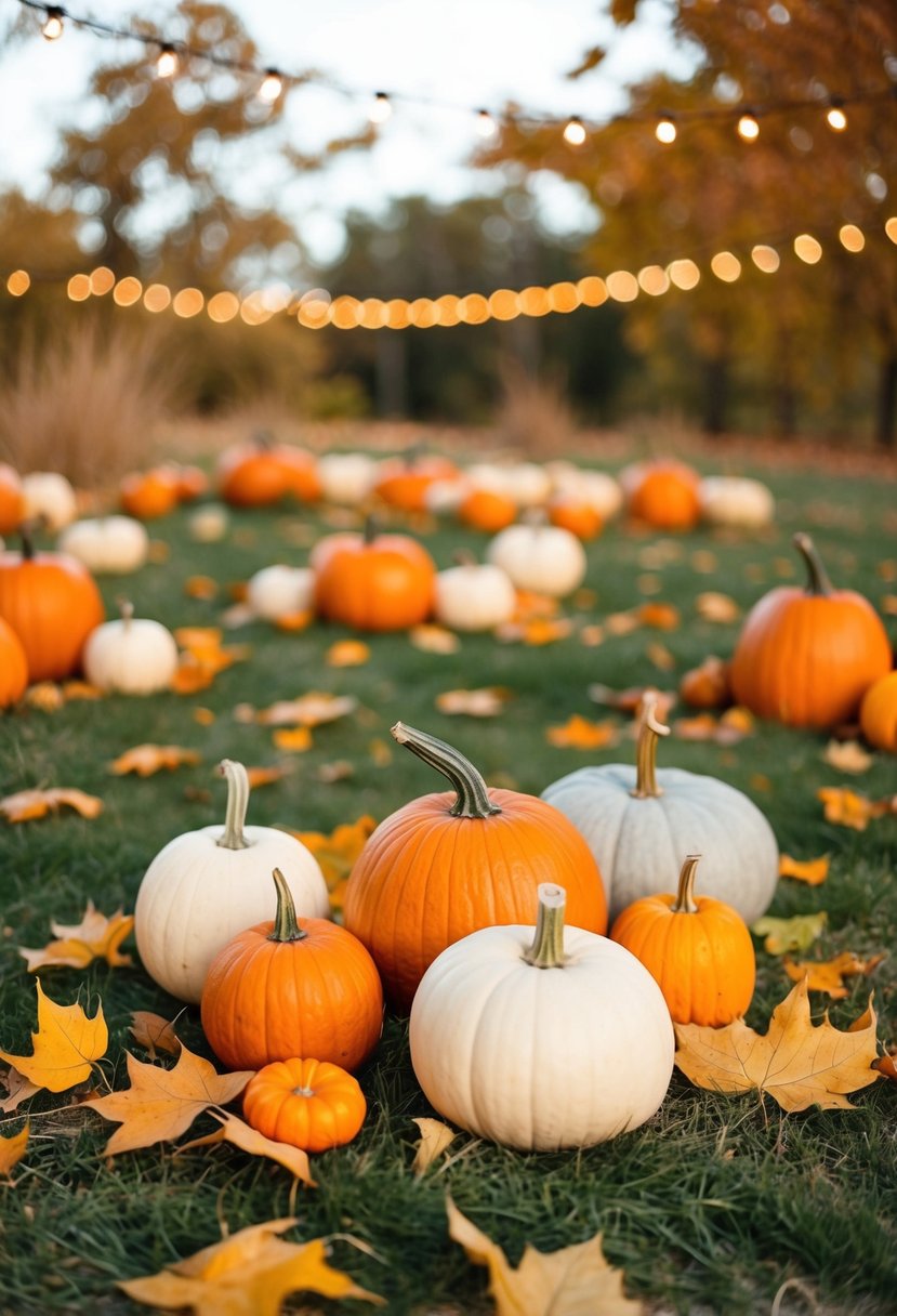 A rustic outdoor wedding setting with orange and light neutral color accents. Fallen leaves, pumpkins, and warm lighting create a cozy autumn atmosphere