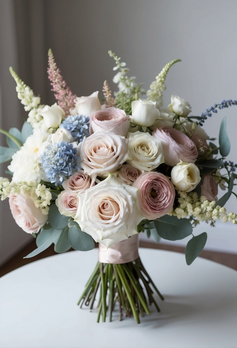 A bouquet of ivory and pale pink flowers with accents of dusty rose and baby blue