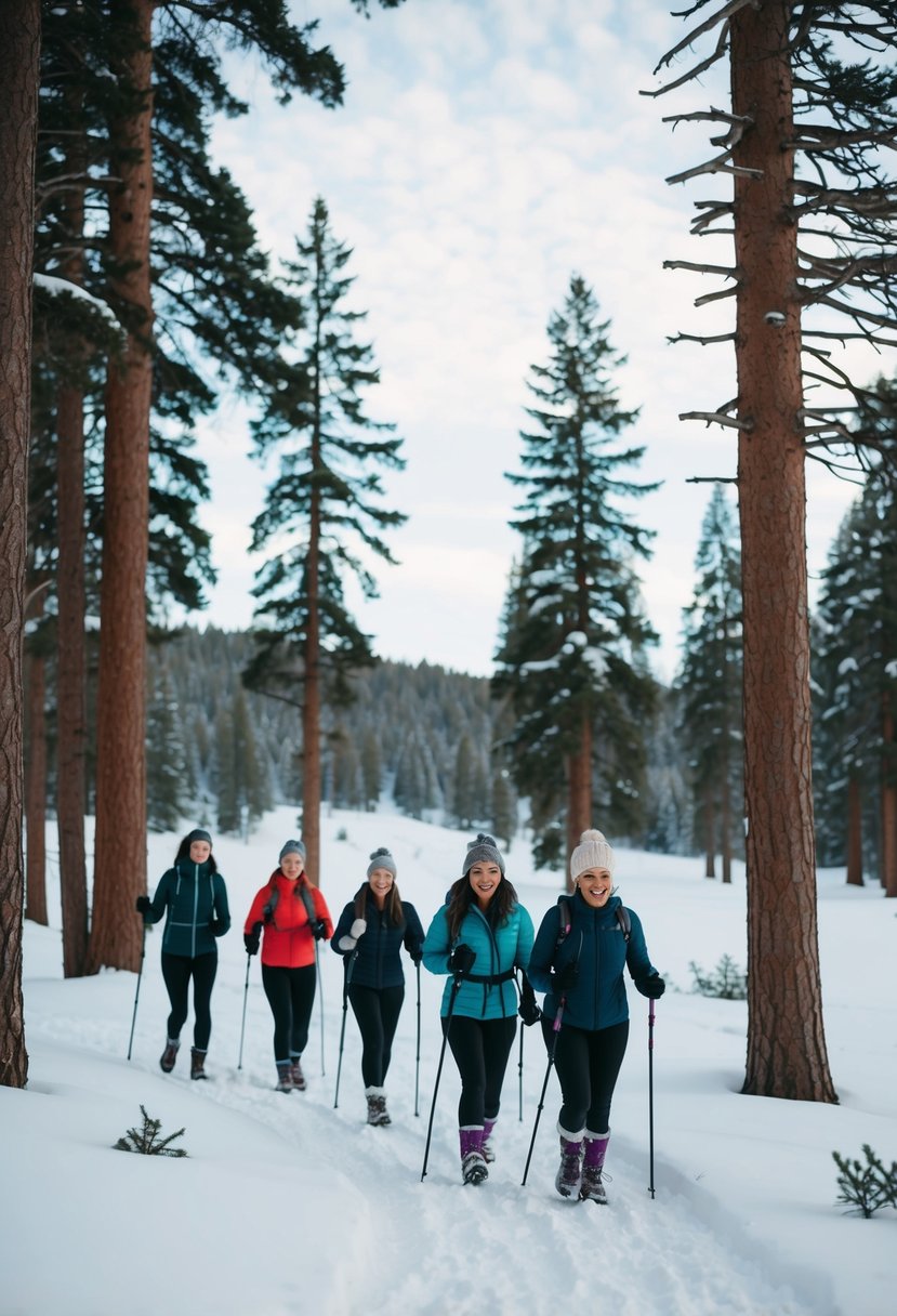 A group of women hike through a snowy forest, surrounded by tall pine trees and a serene winter landscape