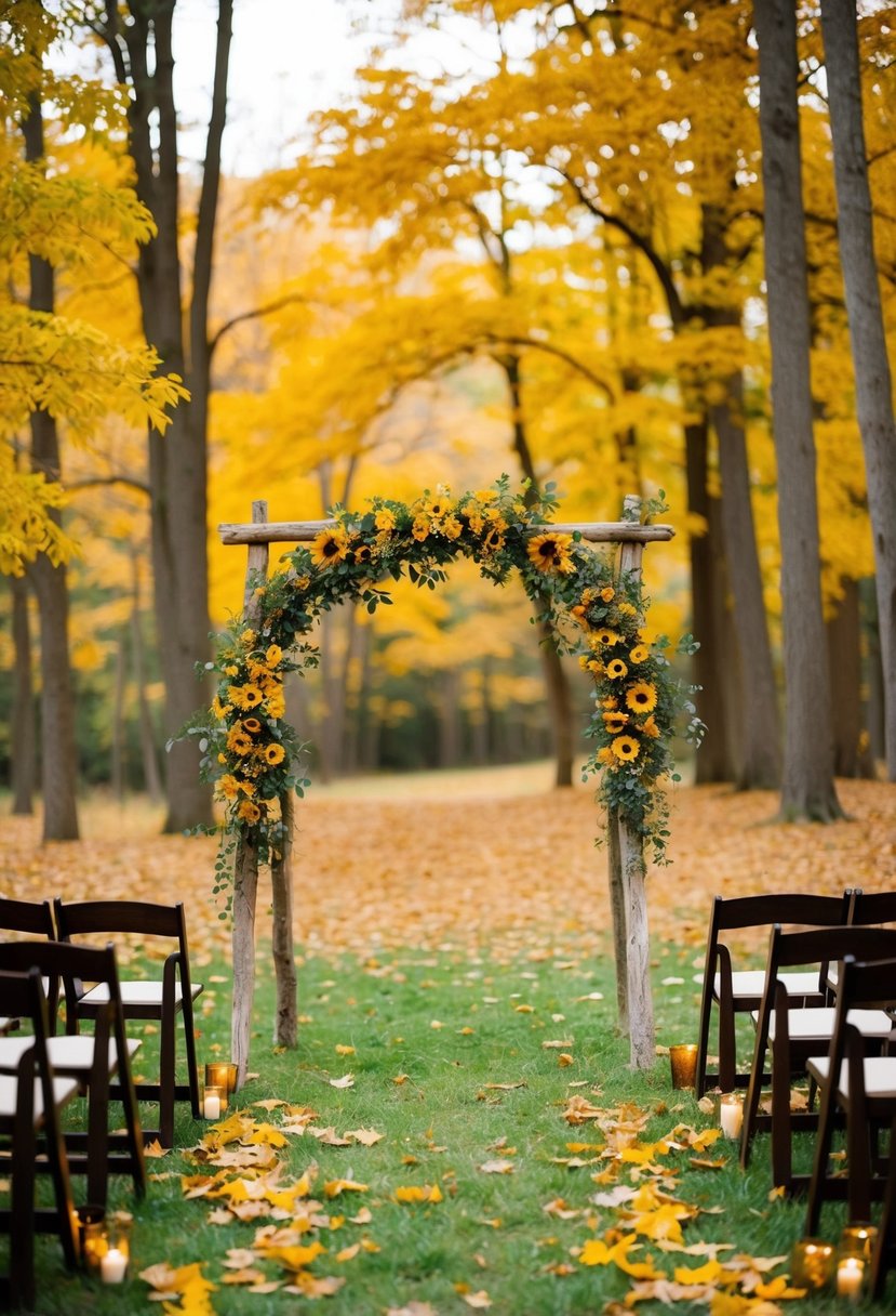 A serene autumn forest with golden leaves falling around a rustic wedding arch adorned with amber and yellow flowers