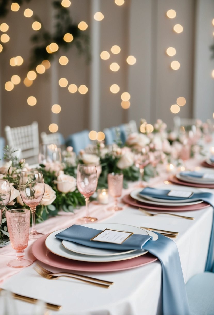 Blush pink and dusty blue table settings at a wedding reception