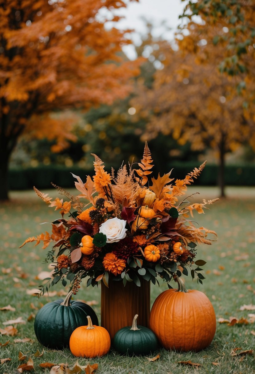 A burnt orange and emerald green autumn wedding scene with fall leaves, pumpkins, and floral arrangements in rich, warm hues