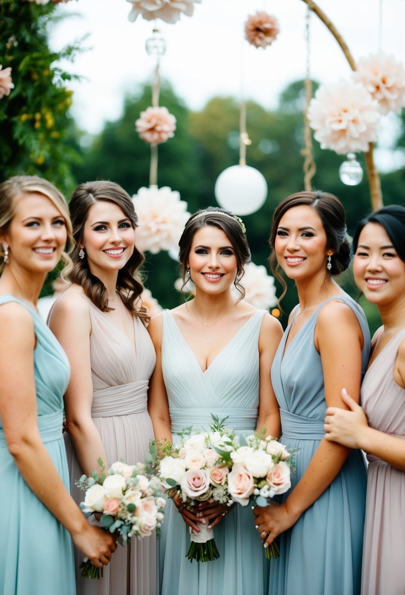 A group of bridesmaid dresses in baby blue and dusty rose, surrounded by wedding decor in matching colors