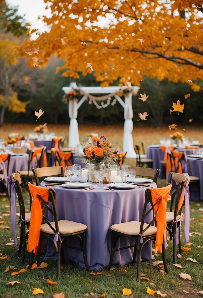 A rustic outdoor wedding with orange and lavender decor, surrounded by falling autumn leaves