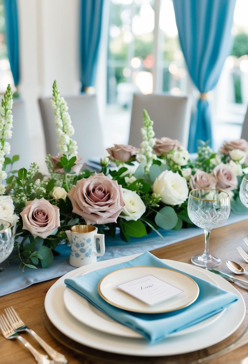 A table set with dusty rose and white floral arrangements, accented with baby blue decor