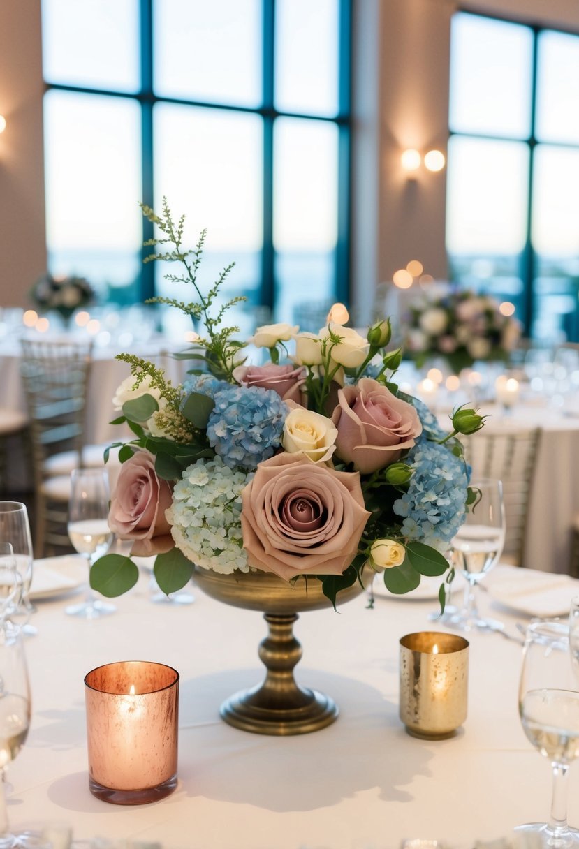 Dusty rose and baby blue flowers in elegant centerpieces on a wedding reception table