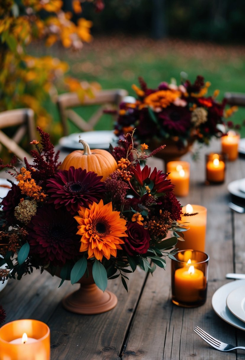 A rustic outdoor wedding setting with burgundy and burnt orange floral arrangements, surrounded by autumn foliage and warm candlelight