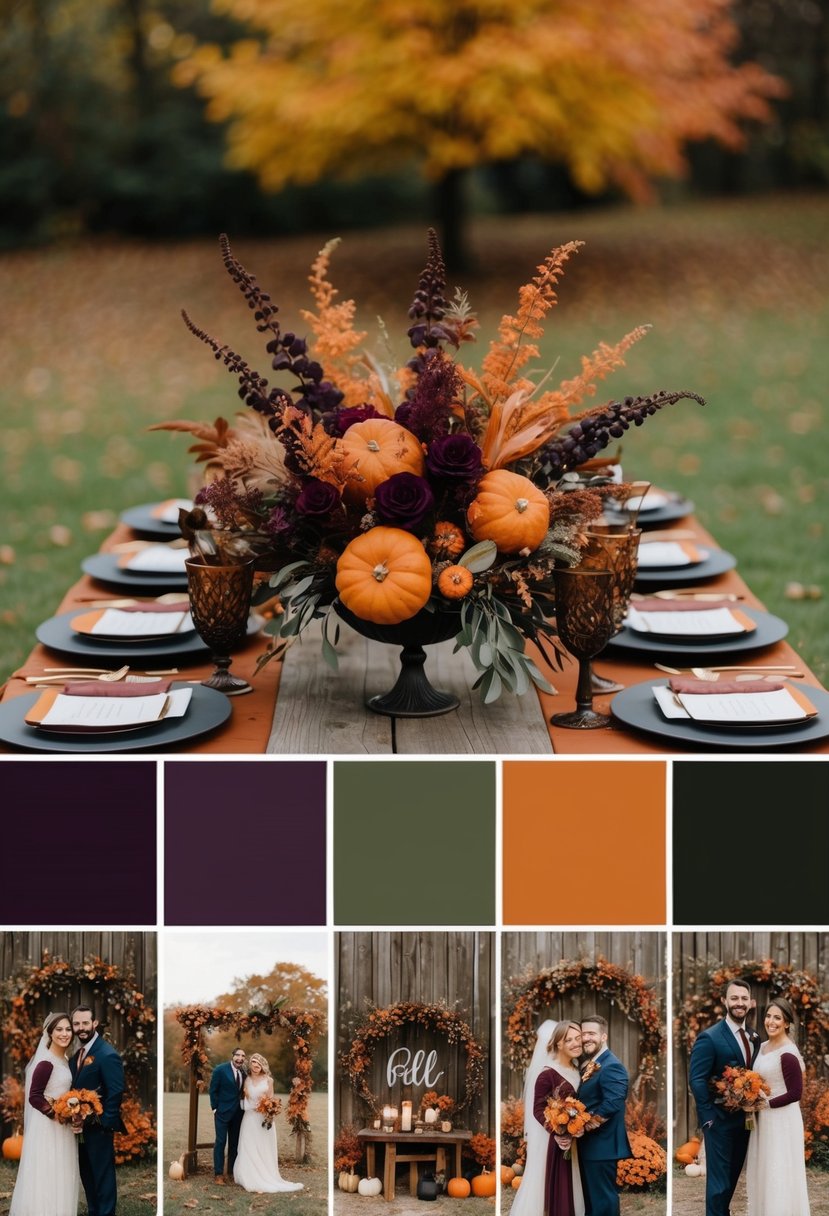 An eggplant and burnt orange autumn wedding color palette displayed in a rustic outdoor setting with fall foliage and seasonal decor