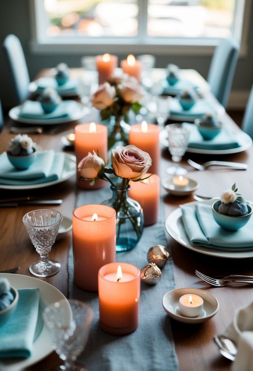 A table set with dusty rose candles, surrounded by baby blue accents, creating a romantic ambiance for a wedding