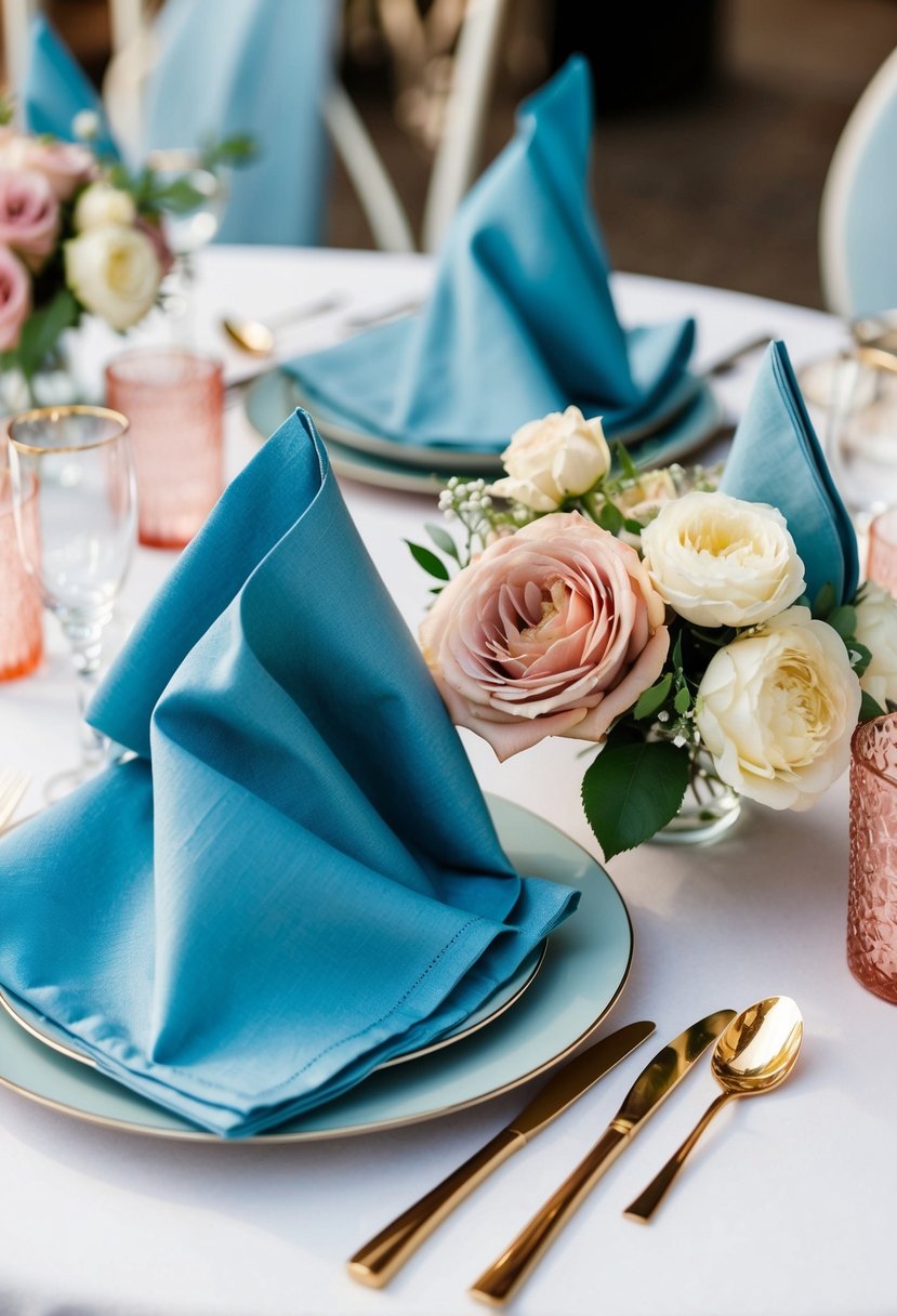 Dusty blue napkins arranged with dusty rose and baby blue table decor for a wedding tablescape