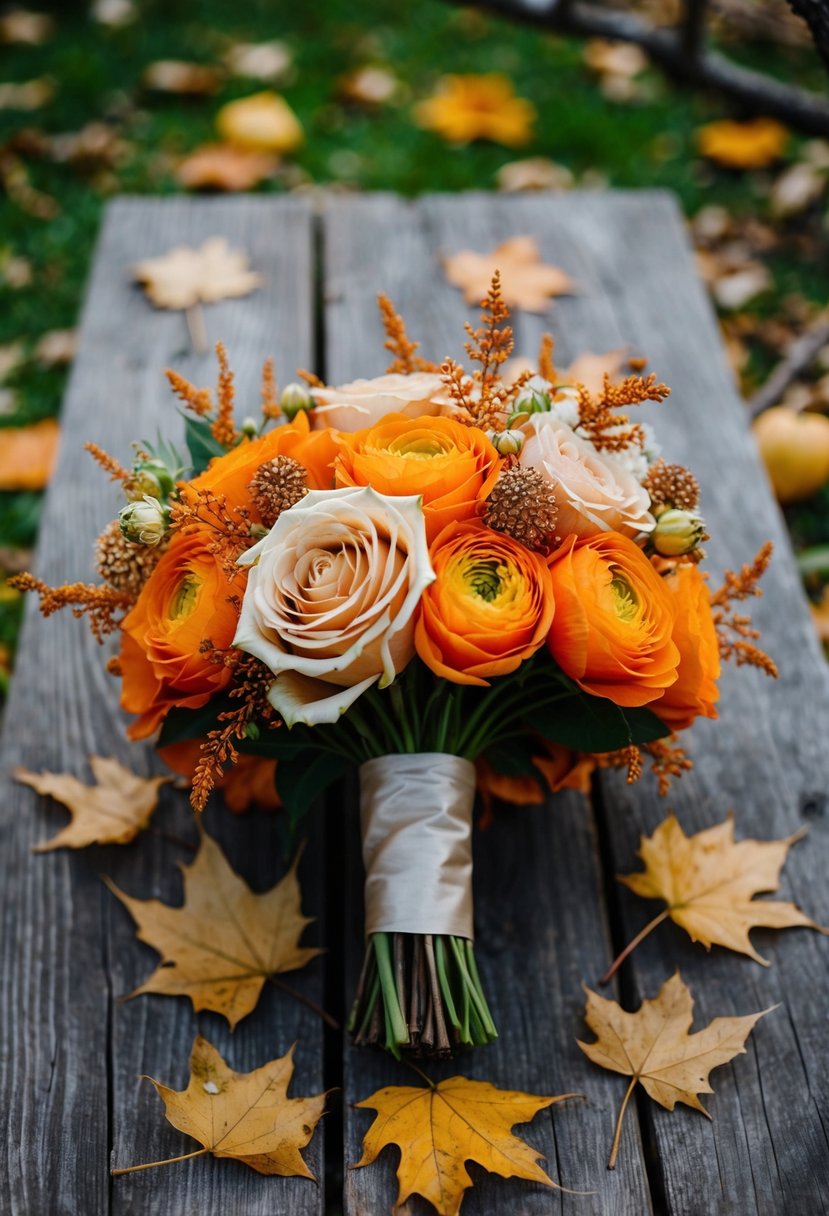 An orange and champagne-colored autumn wedding bouquet rests on a rustic wooden table, surrounded by fallen leaves and branches