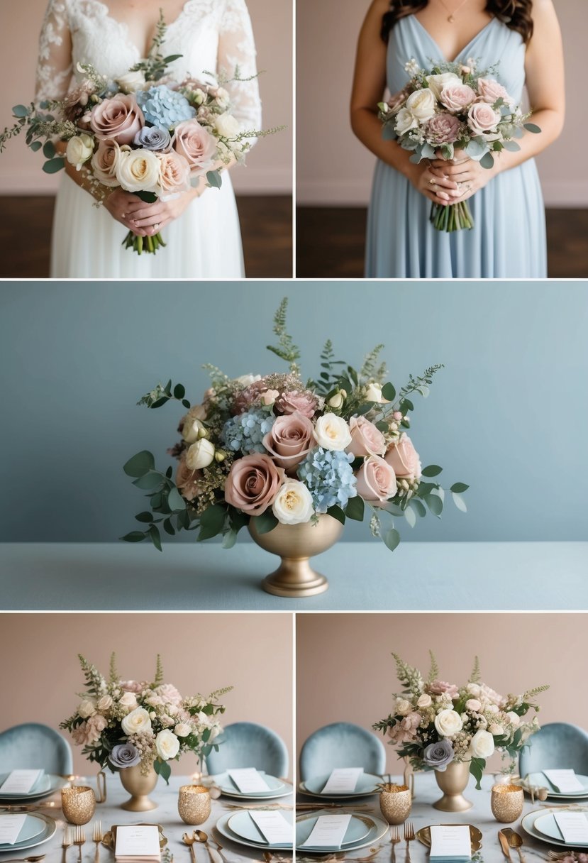 A dusty rose and baby blue wedding palette with soft gold accents, featuring floral arrangements and table settings in a romantic, elegant setting