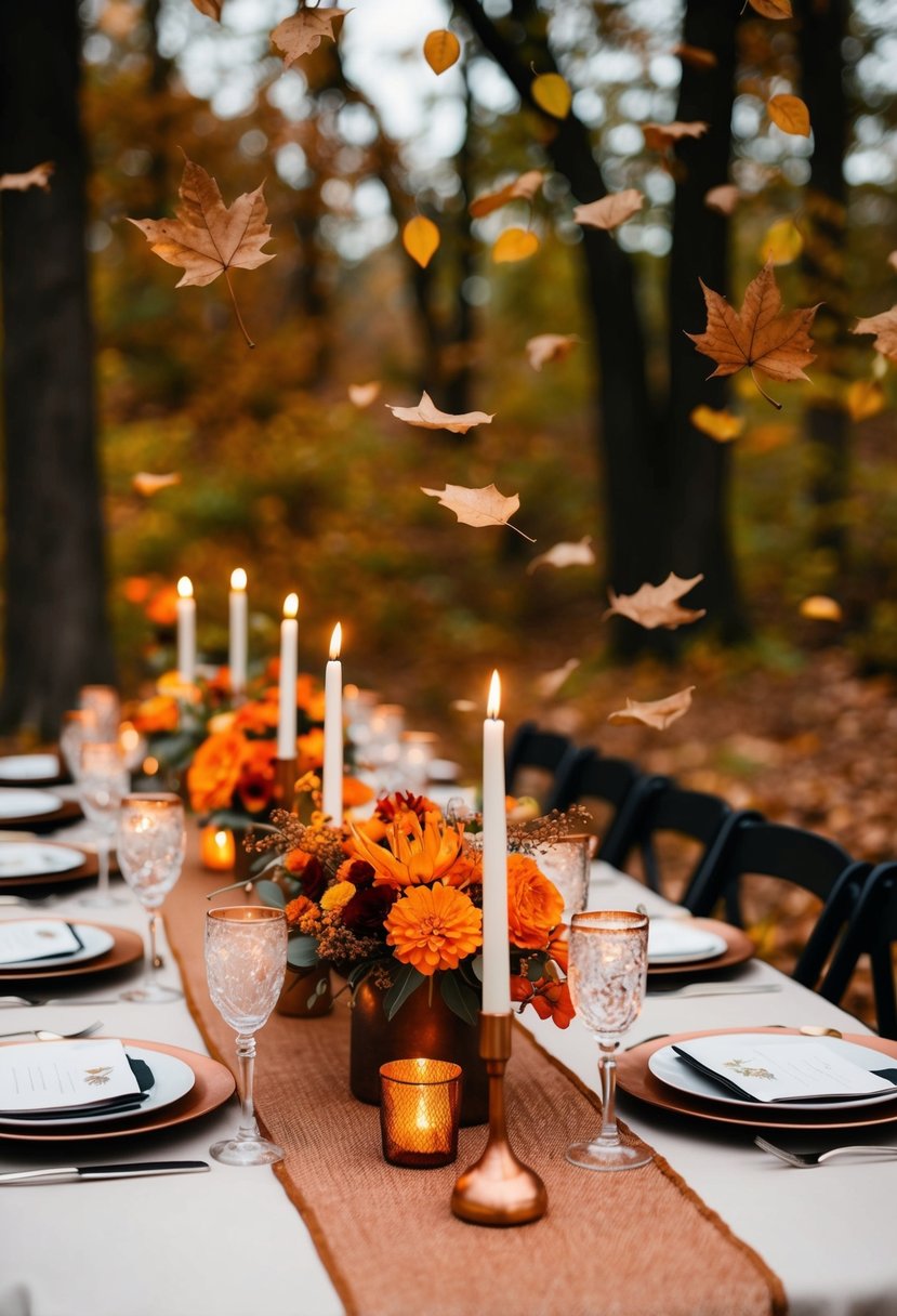 A cozy autumn wedding table with copper and rust accents, adorned with orange flowers and candles, set against a backdrop of falling leaves