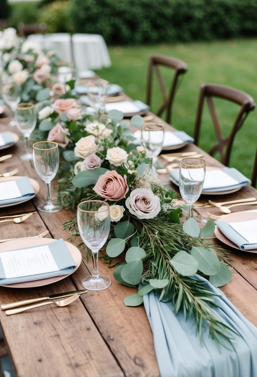 A rustic wedding table adorned with dusty rose and baby blue accents, complemented by lush greenery for a natural touch