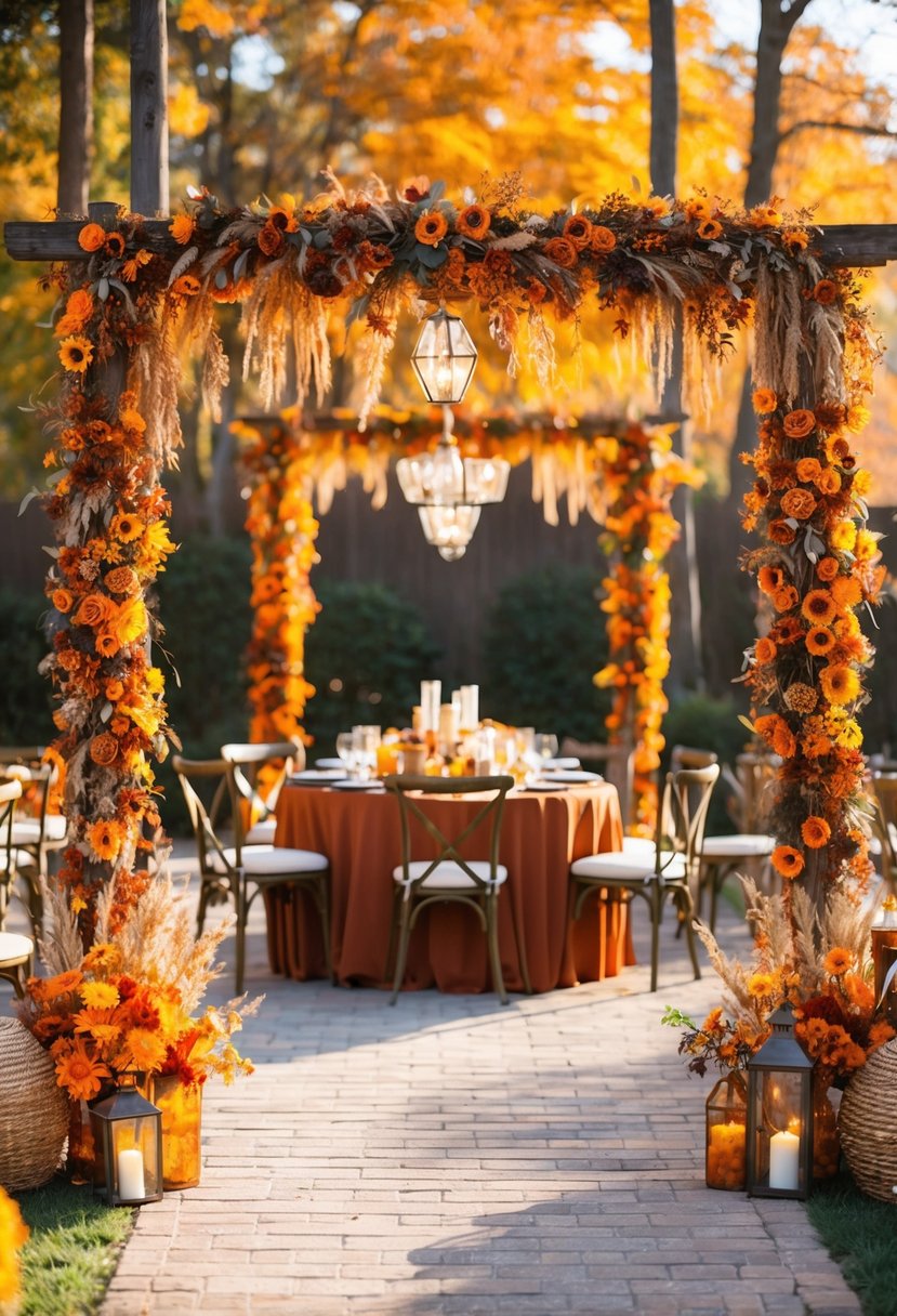 A rustic outdoor wedding venue adorned with burnt orange and rich amber decorations, surrounded by autumn foliage and warm sunlight