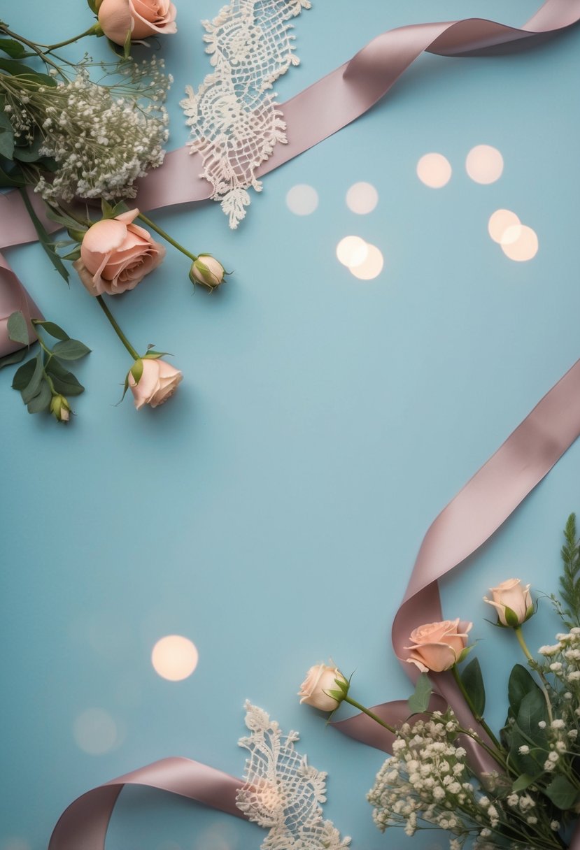 A baby blue backdrop with dusty rose accents, featuring intertwined ribbons, flowers, and delicate lace details