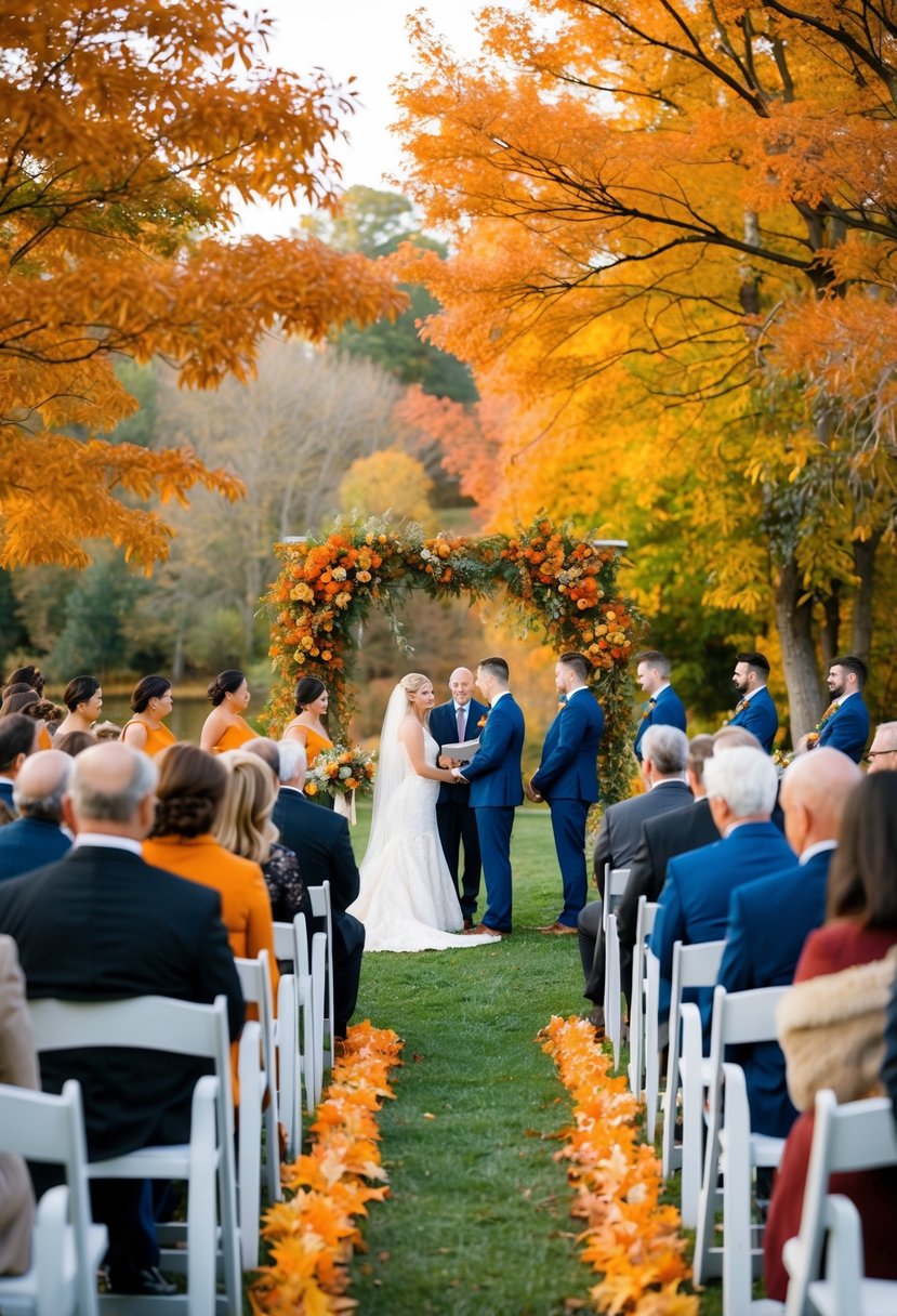 A vibrant orange and rich foliage surrounds a serene wedding ceremony in a picturesque autumn setting