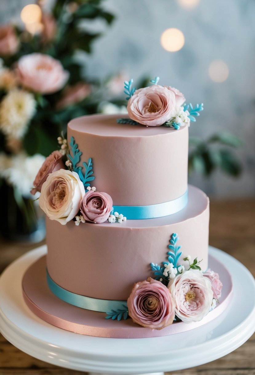 A dusty rose cake adorned with floral decorations in dusty rose and baby blue colors