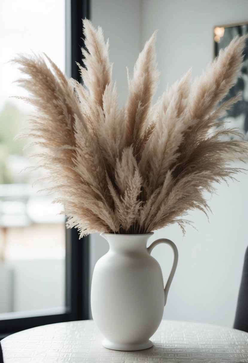 A white ceramic vase holds fluffy pampas grass, set on a table