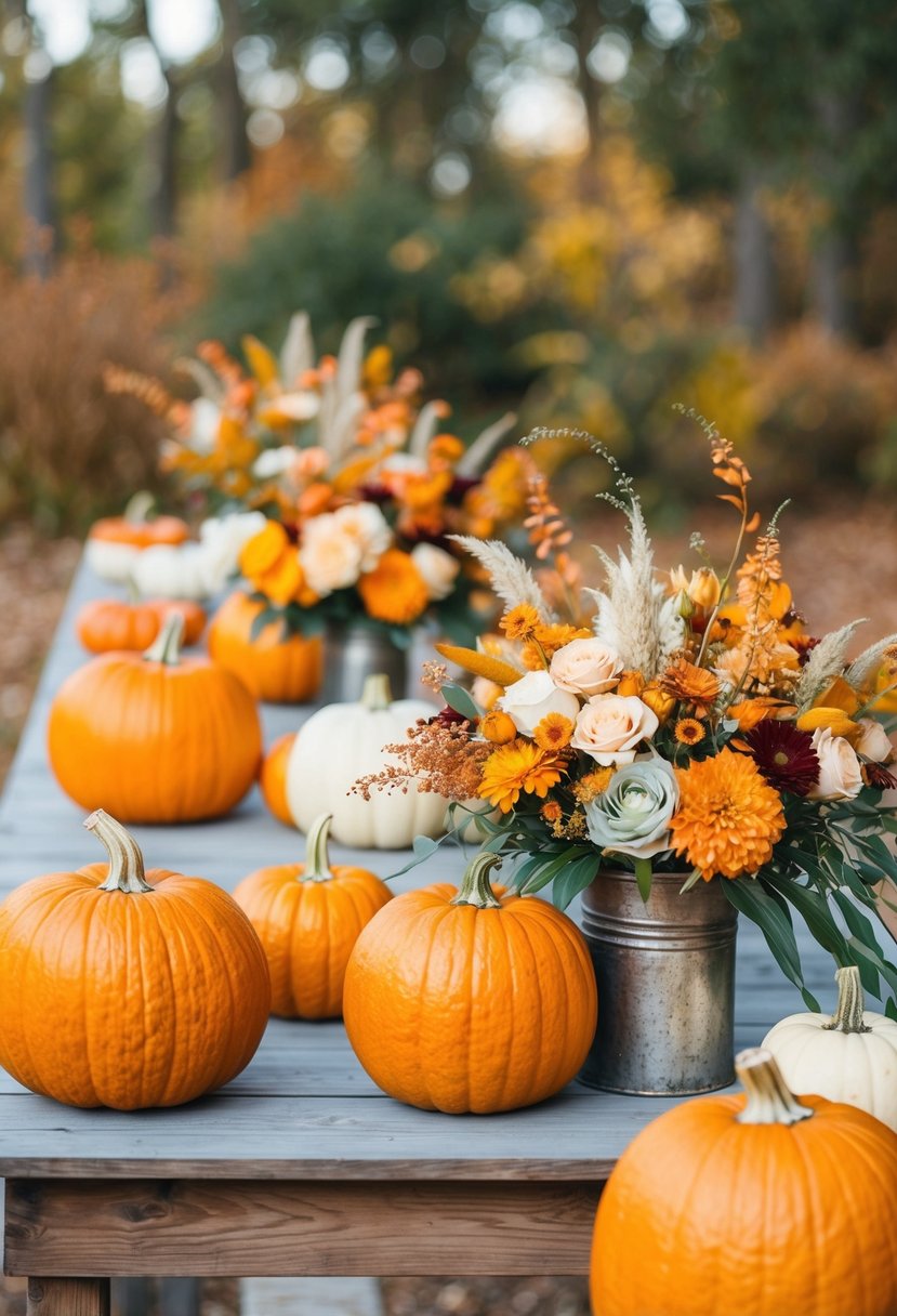 A rustic outdoor wedding setting with orange and pastel tones in the form of pumpkins, flowers, and autumn foliage