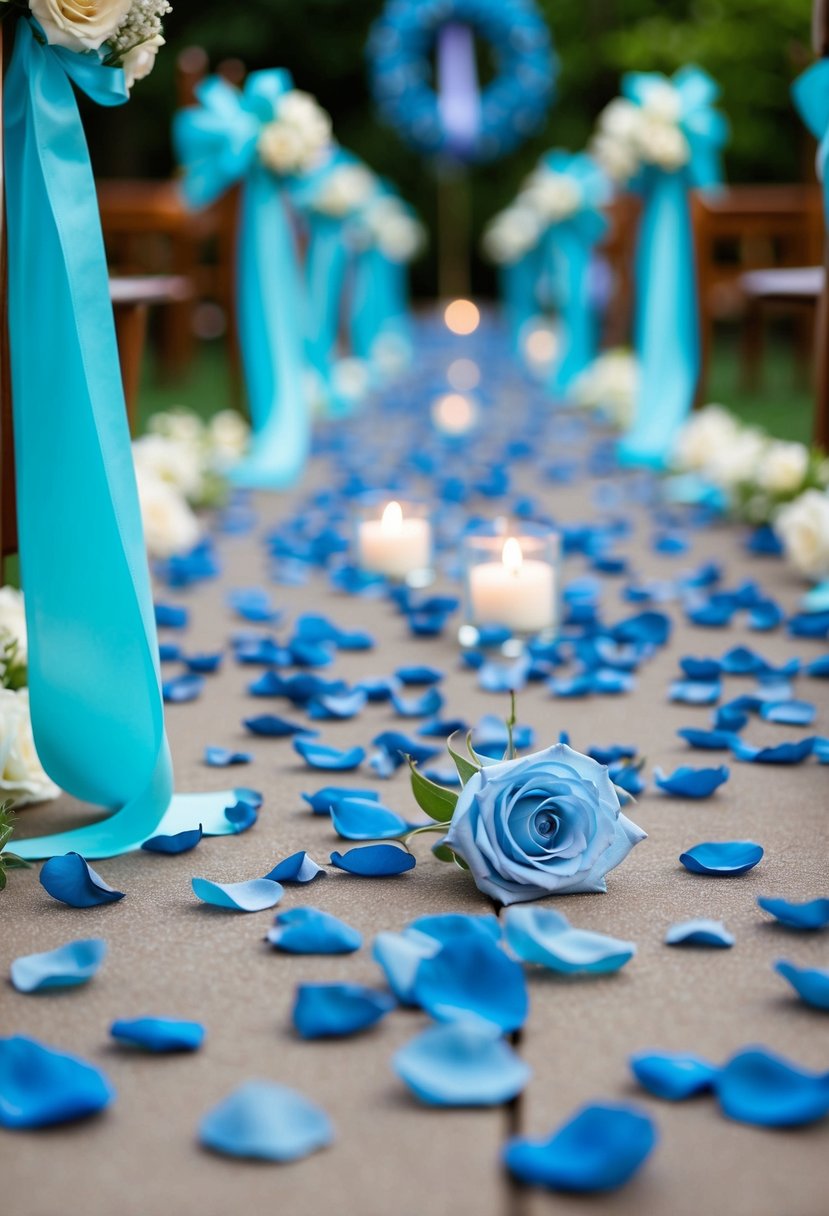 Dusty blue petals and dusty rose scattered along the aisle, with accents of baby blue ribbons and flowers