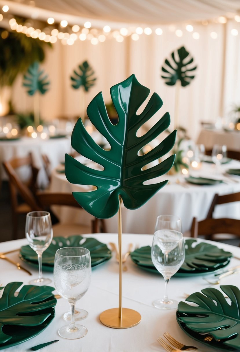 Handmade ceramic monstera leaves adorn wedding tables, adding a tropical touch to the decor