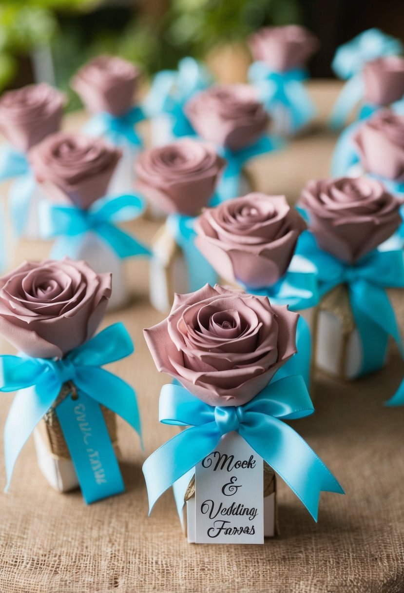 Dusty rose and baby blue ribbons adorn wedding favors on a rustic table