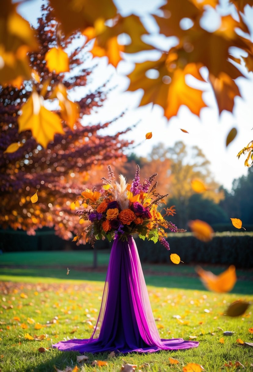 A vibrant autumn wedding scene with deep purple and orange decor, set against a backdrop of falling leaves and warm sunlight