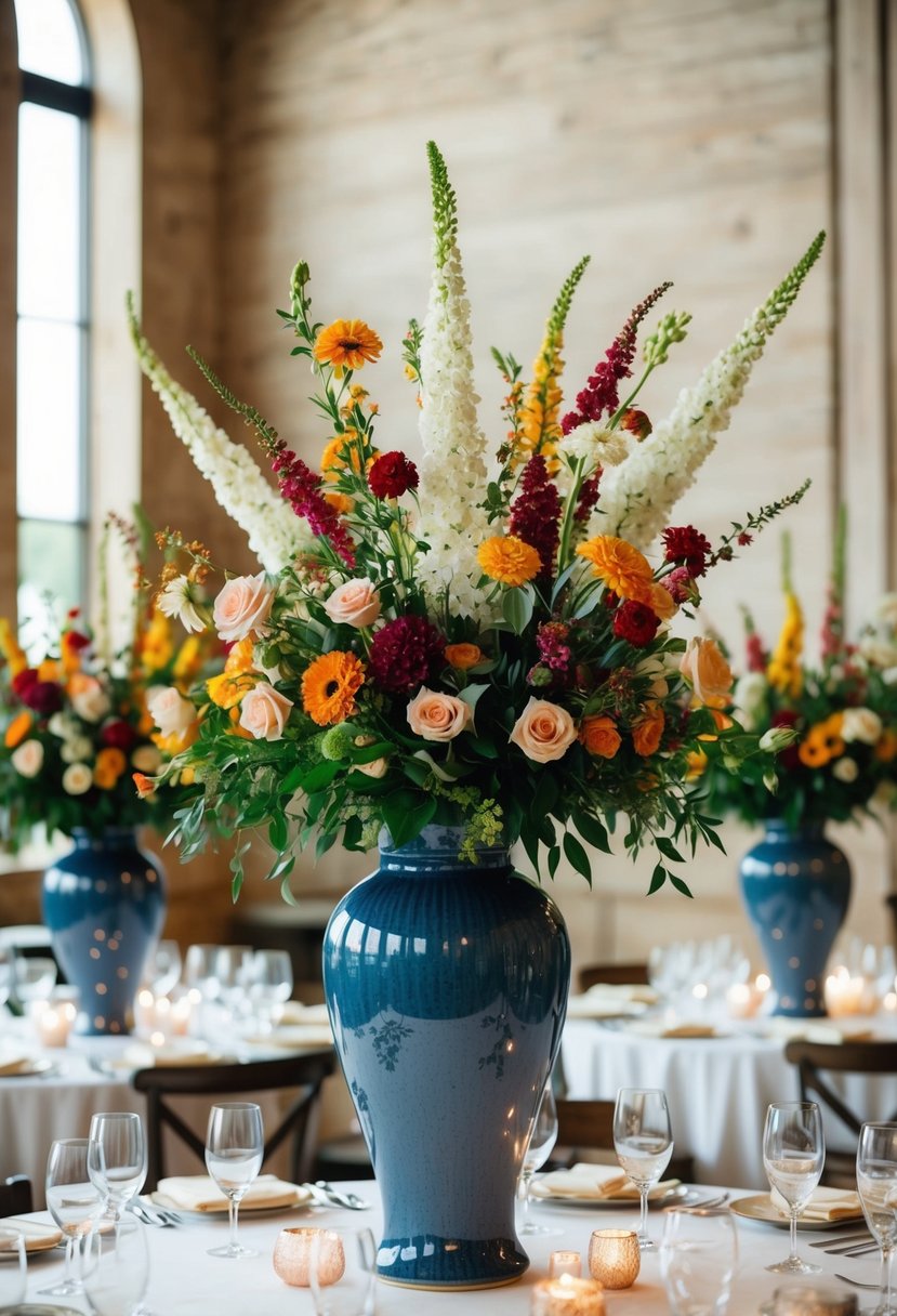 Tall ceramic vases overflow with seasonal flowers for a dramatic wedding table centerpiece