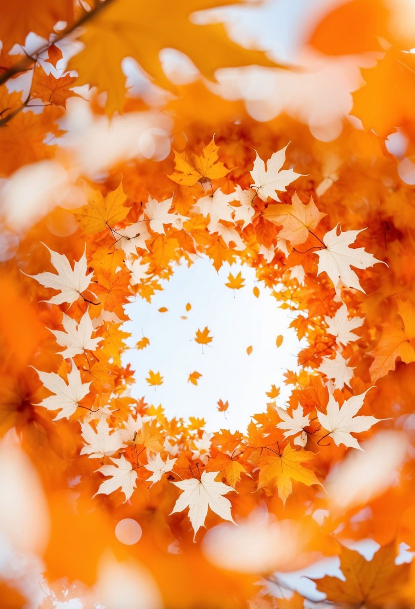 Bright orange and white autumn leaves swirling together in a whimsical dance, creating a vibrant and warm color palette for a wedding