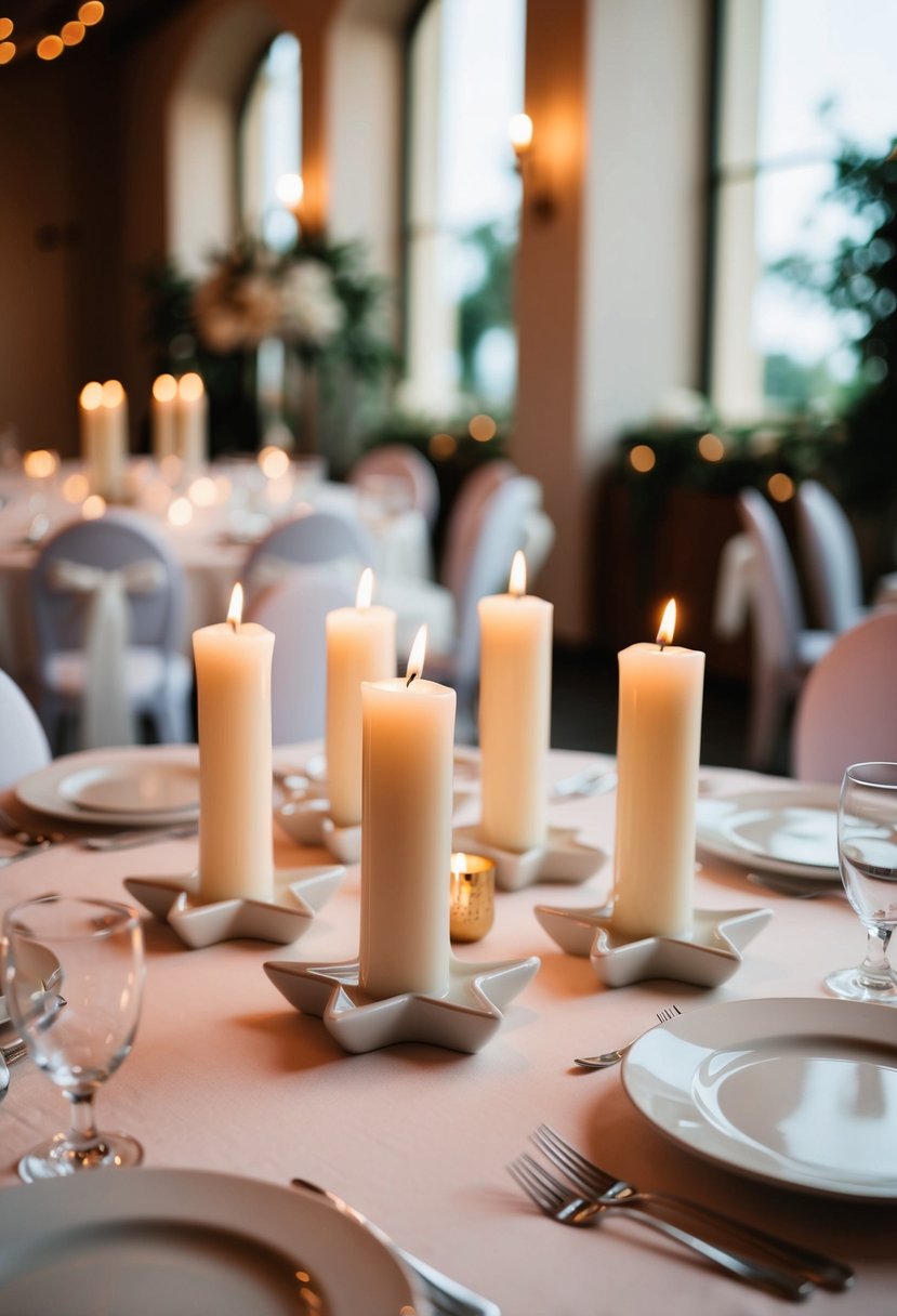 Small ceramic star plates with elegant candles arranged on a wedding table