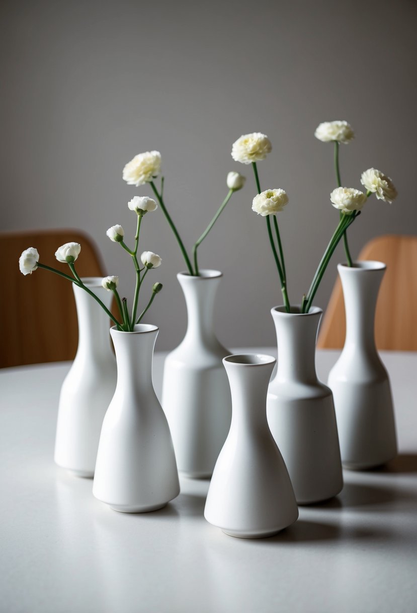 Several white ceramic bud vases arranged in a minimalist grouping on a table