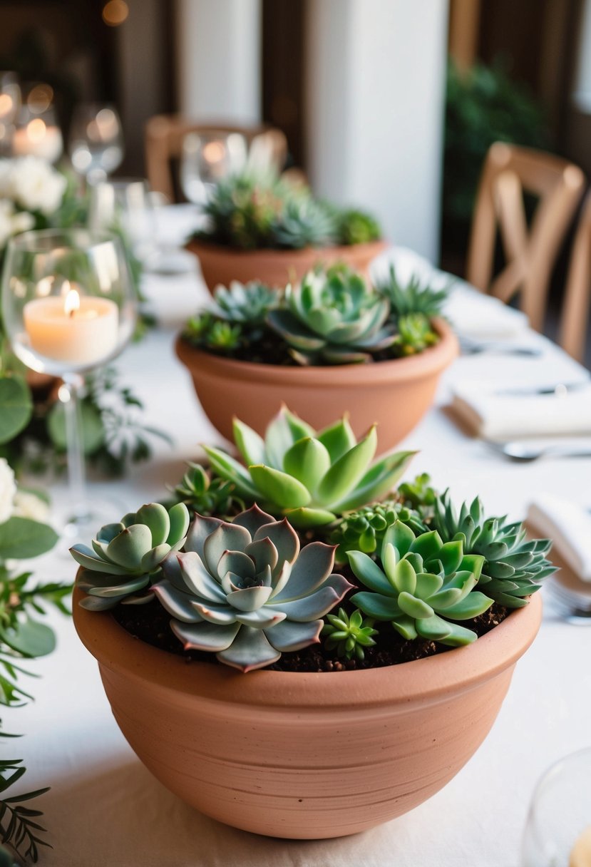 Handmade ceramic planters filled with vibrant succulents sit atop a wedding table, adding natural elegance to the decor