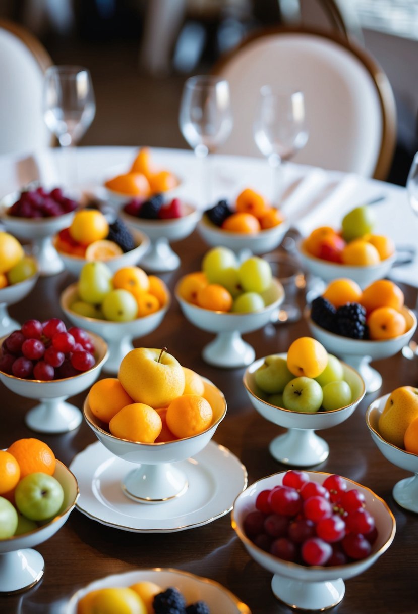 A tablescape featuring mini ceramic compotes filled with an assortment of colorful fruits, serving as elegant wedding table decorations