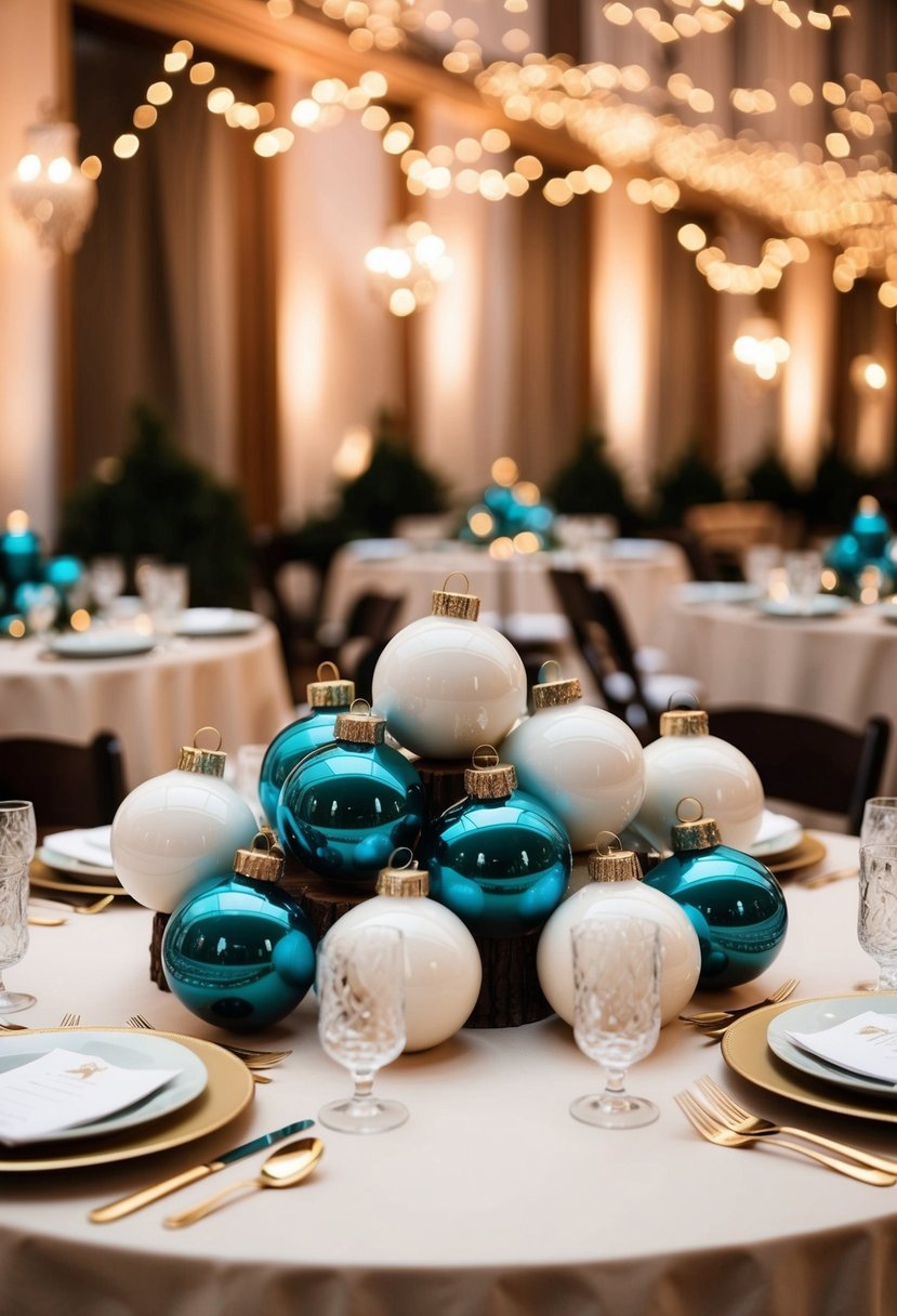 Ceramic ornaments arranged on tables for a winter wedding