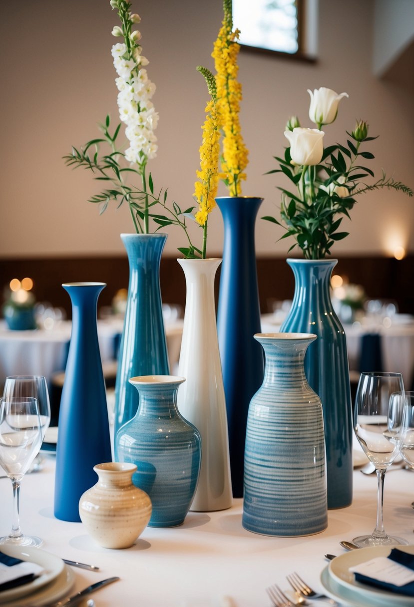 A collection of ceramic vases in different heights arranged on a wedding table, creating a visually interesting centerpiece