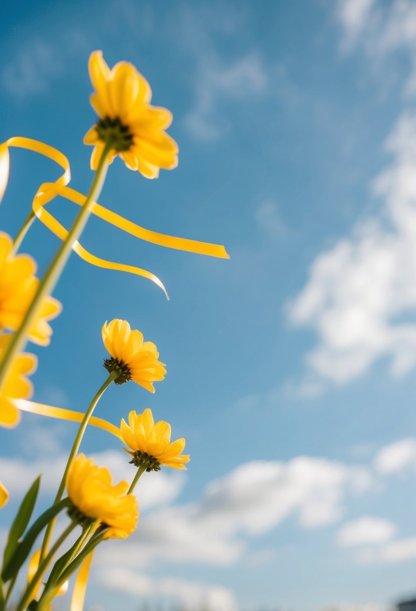 A clear sky with soft clouds, accented by vibrant yellow flowers and ribbons