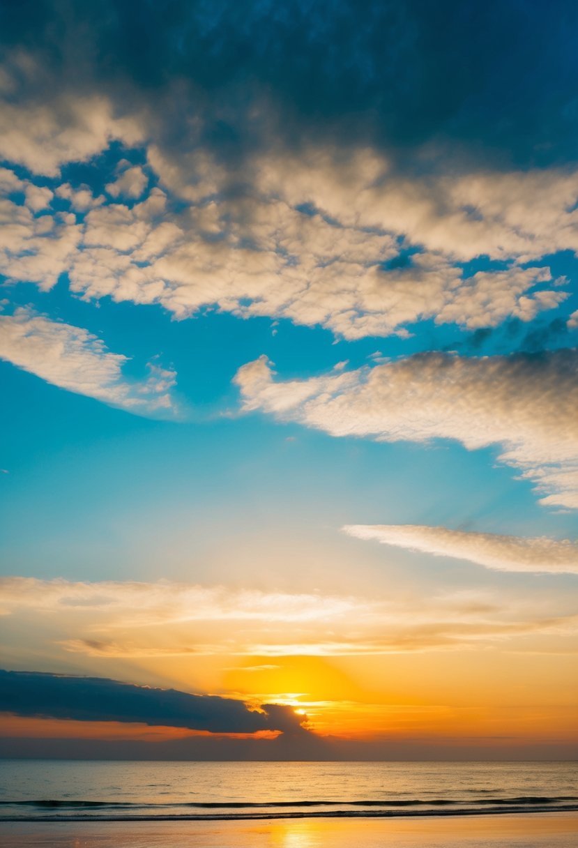 The sky blue and yellow sunset casts a serene glow over a tranquil beach scene