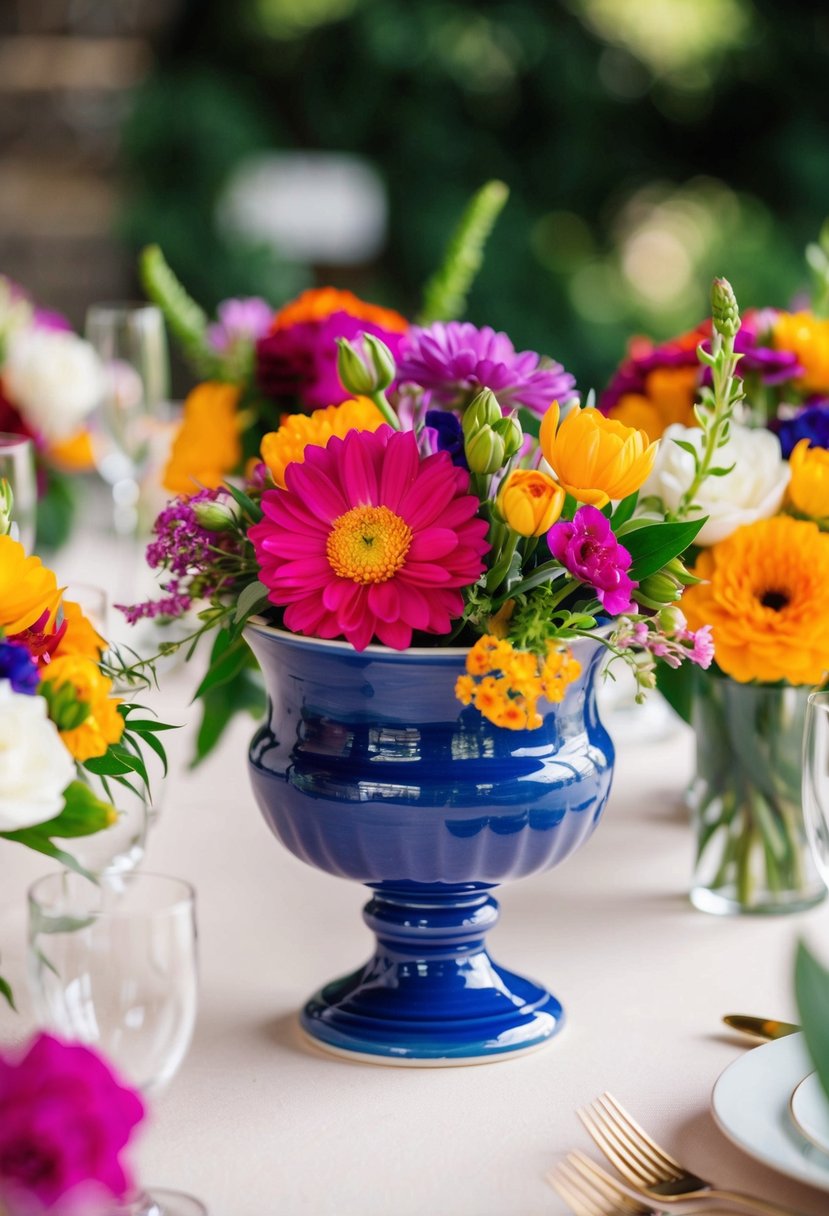 Ceramic compotes brim with vibrant blooms, adorning wedding tables with colorful elegance