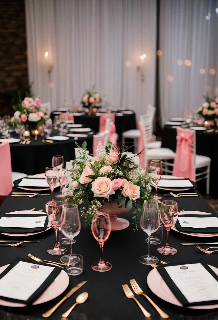 A black and pink wedding table setting with floral centerpieces and elegant place settings