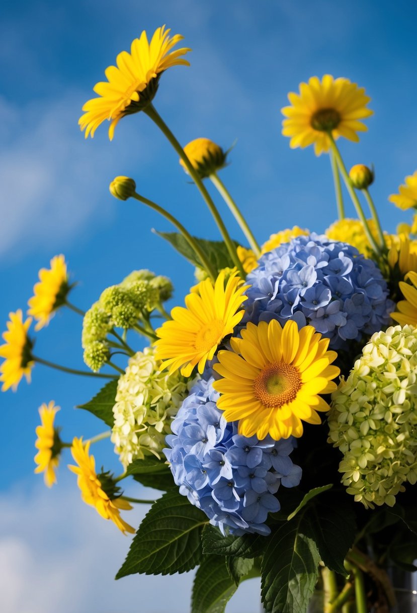 A lush bouquet of yellow daisies and blue hydrangeas against a sky blue backdrop