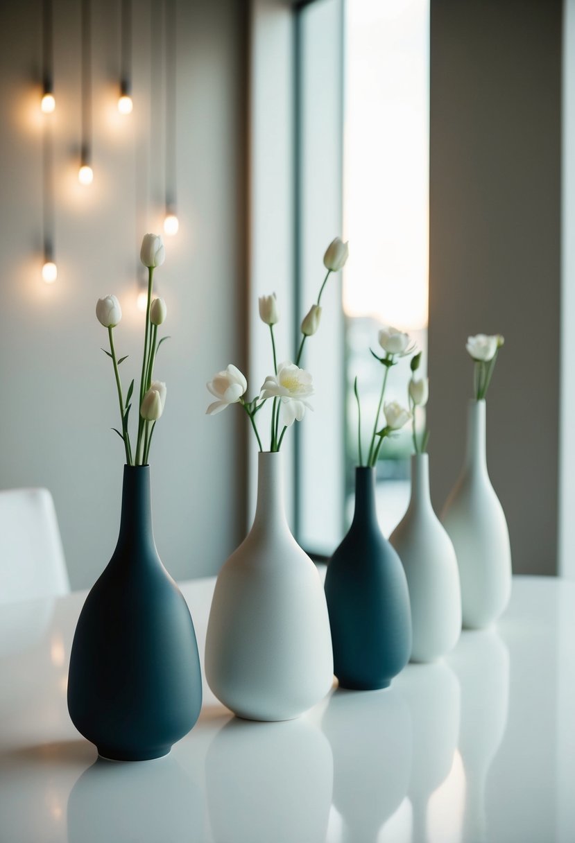 Several matte ceramic vases arranged on a sleek, minimalist wedding table with contemporary decor